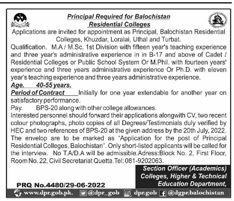 Principal Jobs 2022 in Balochistan Residential Colleges
